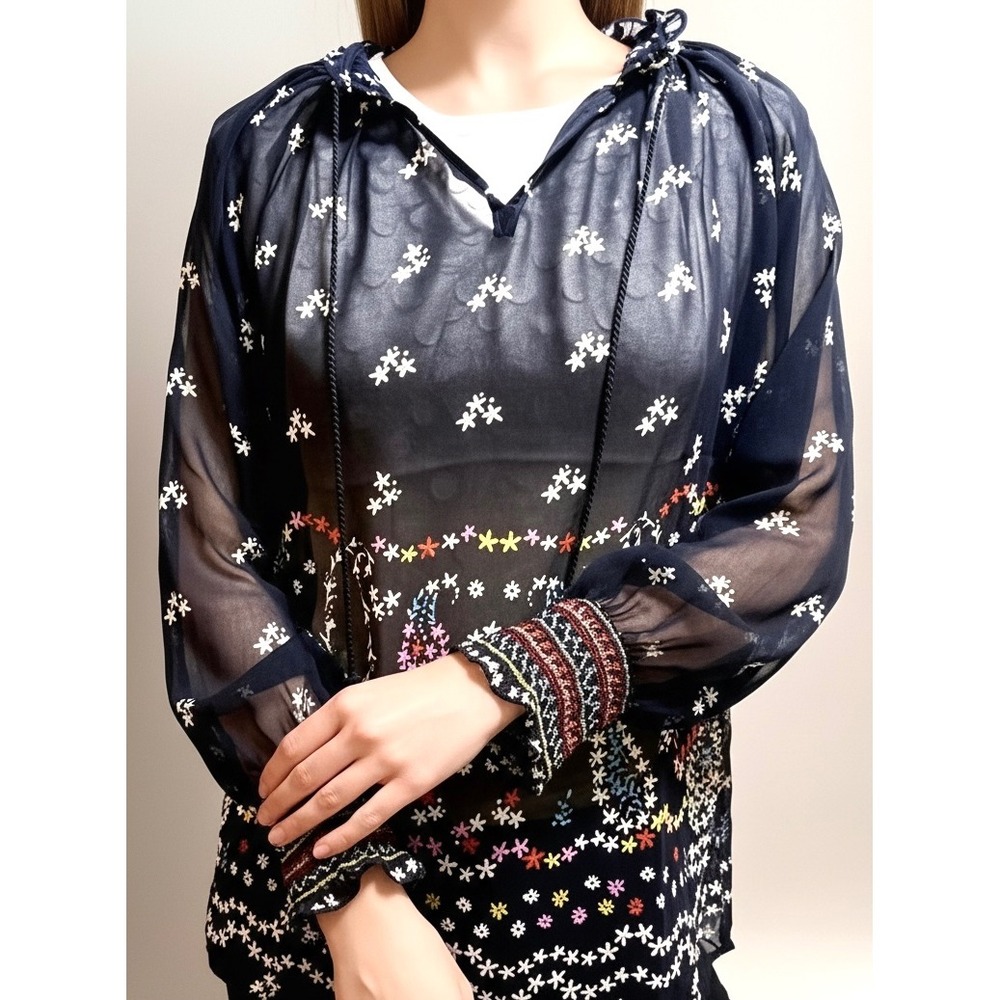 CAbi Blouse #5784 Enjoy Navy Blue Multicolor Floral Paisley Tunic Size L NWOT